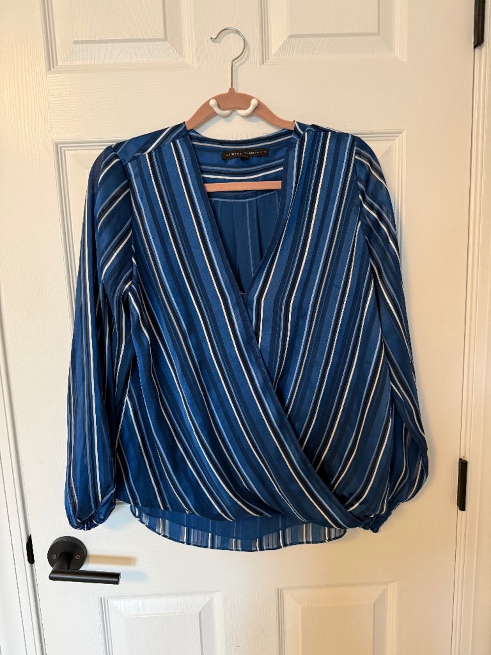 White House Black Market Blue Striped Wrap Front Blouse Size L